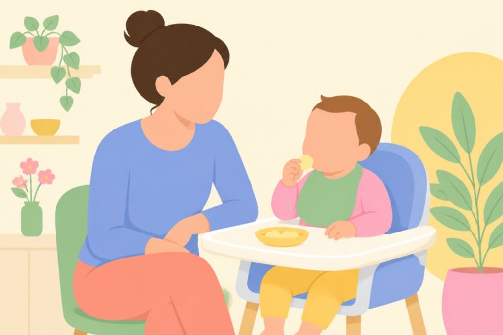 Adult atent al costat d'un bebè que menja a la trona