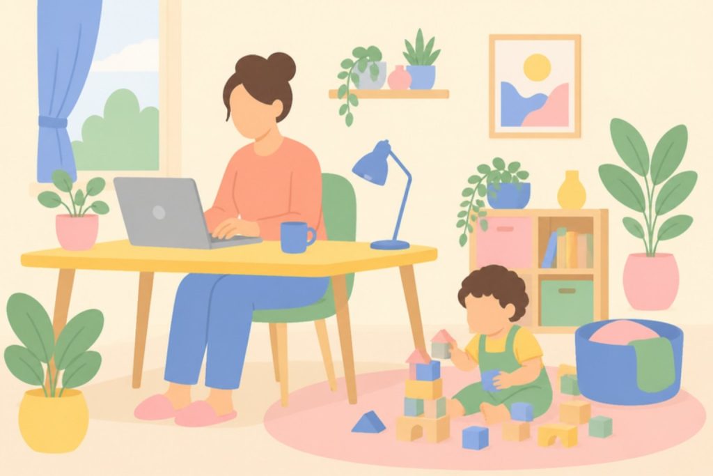 Adult teletreballant mentre un infant juga amb blocs al costat