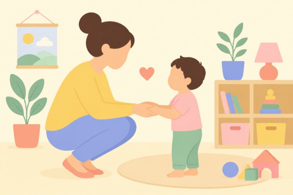 Adult ajupit agafant les mans d'un infant petit amb afecte