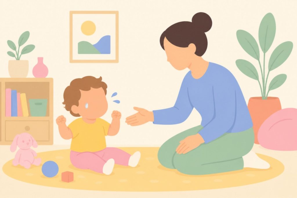 Infant plorant a terra i adult agenollat al seu costat amb calma